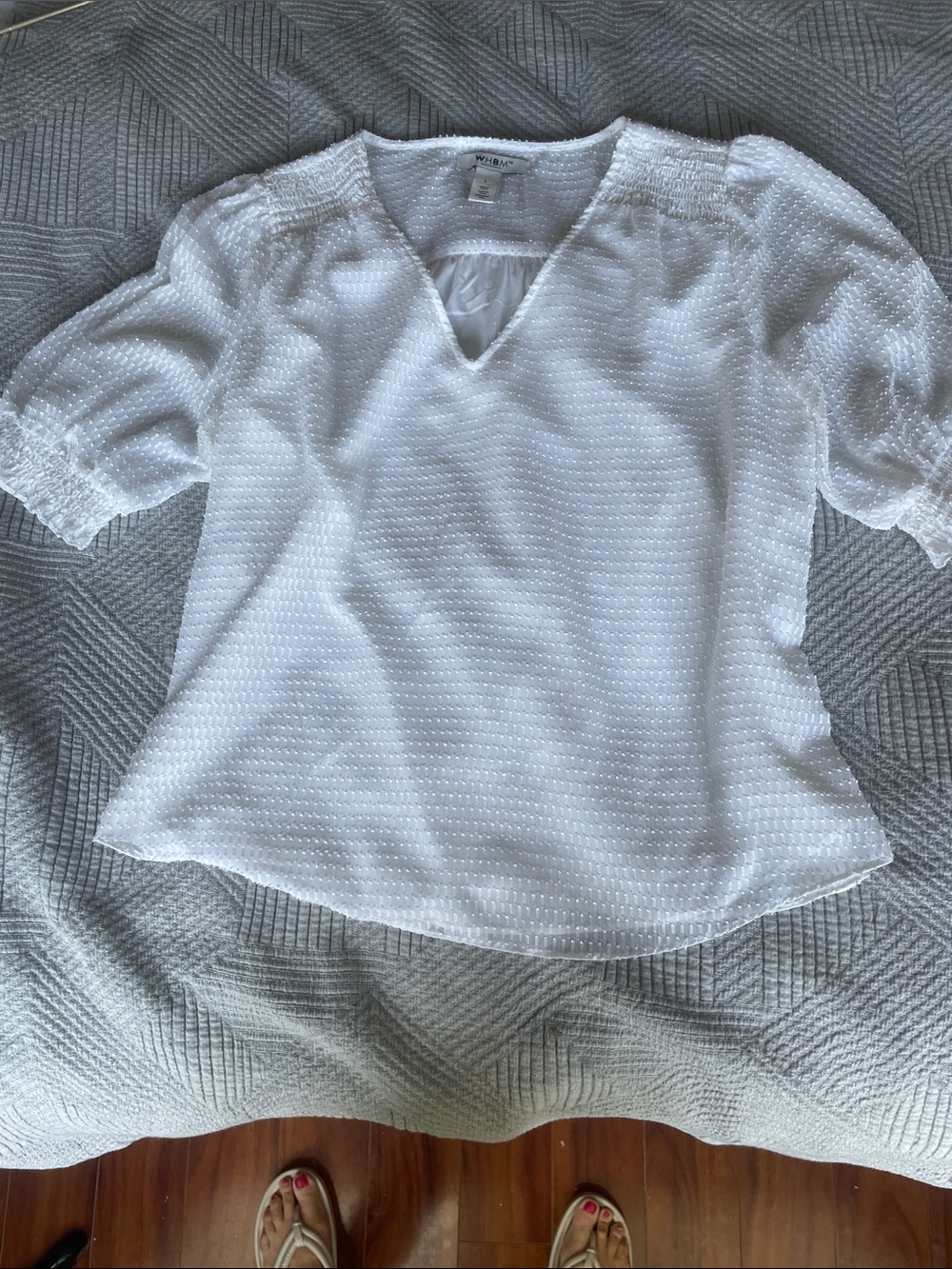 White House Black Market white textured V-neck flutter sleeve blouse